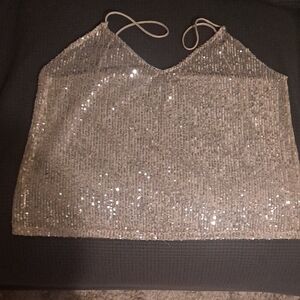 Zara Sequin Spaghetti Strap Crop Top in Champagne Gold